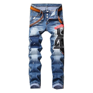 Men jeans stretch printed ripped skinny